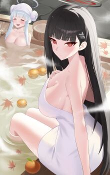 1girl 2girls :d ^_^ absurdres black_hair blue_archive blunt_bangs blush breasts bucket cleavage closed_eyes commentary_request food fruit hair_ornament hairclip halo highres large_breasts long_hair looking_at_viewer multiple_girls naked_towel naze236 noa_(blue_archive) onsen open_mouth orange_(fruit) partially_submerged red_eyes ringed_eyes rio_(blue_archive) sitting smile solo towel towel_on_head