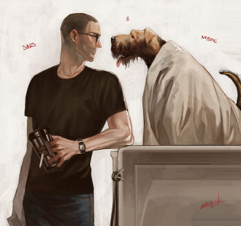 1boy black_shirt brown_eyes cigarette ctkcave cup denim dog english_text glasses holding holding_cigarette holding_cup jeans looking_at_another male_focus on_table original pants piercing_hole shaved_head shirt simple_background solo table tongue tongue_out watch white_background white_blanket wristwatch