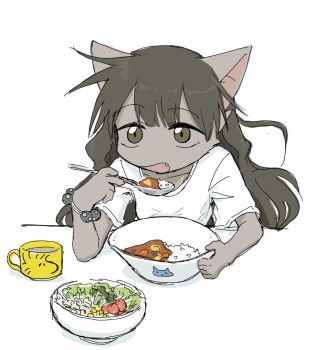 1girl 3yo4yo5yo animal_ears bowl bracelet cat_ears chopsticks cup curry curry_rice dark_skin eating fang food holding holding_chopsticks holding_spoon hot_chocolate jewelry long_hair mug noodles open_mouth original plate ramen rice rice_bowl shirt short_sleeves solo spoon vegetable