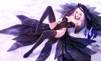 Rule 34 | 1girl, absurdres, bad id, bad pixiv id, bare shoulders, black dress, black gloves, black panties, black pantyhose, braid, crown, crown braid, crystal, dress, elbow gloves, feet, full body, gloves, headwear request, highres, looking at viewer, no bra, no shoes, open mouth, original, panties, pantyhose, short hair, silver hair, thighhighs, underwear, yellow eyes, zhuore zhi hen