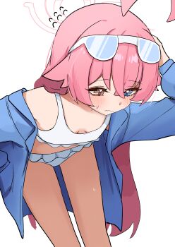 1girl absurdres ahoge bare_legs blue_archive blue_eyes blue_jacket blush breasts closed_mouth crossed_bangs eyewear_on_head fang feet_out_of_frame flying_sweatdrops hair_between_eyes halo hand_in_pocket hand_on_own_head hand_up heart heart_in_eye heterochromia high_(hgih) highres hoshino_(blue_archive) hoshino_(swimsuit)_(blue_archive) huge_ahoge jacket leaning_forward loli long_hair looking_down official_alternate_costume official_art open_clothes open_jacket pink_hair pink_halo simple_background single_bare_shoulder skin_fang small_breasts solo standing sunglasses sweatdrop symbol_in_eye very_long_hair wavy_mouth white_background yellow_eyes
