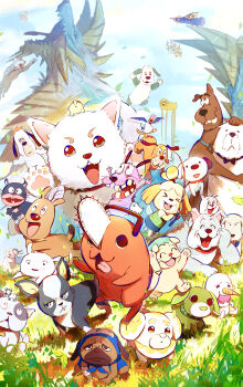 :d absurdres adventure_time animal animal_crossing animal_focus anpanman bird blue_sky bond_(spy_x_family) chainsaw_man character_request cheese_(anpanman) closed_eyes closed_mouth cloud courage_(character) courage_the_cowardly_dog crayon_shin-chan crossover day dog dog_(duck_hunt) dog_girl droopy duck duck_(duck_hunt) duck_hunt falling_leaves fangs fidough fishing_rod fullmetal_alchemist furry furry_female gintama grass great_pyrenees hamachamu happy hemuhemu highres holding holding_fishing_rod iggy_(jojo) isabelle_(animal_crossing) jake_the_dog jojo_no_kimyou_na_bouken komajirou komasan leaf metro-goldwyn-mayer multiple_crossover multiple_dogs muttley naruto_(series) nintendo ochaken open_mouth outdoors pakkun_(naruto) plue pochita_(chainsaw_man) pokemon pokemon_(creature) pompompurin rakudai_ninja_rantarou rave_(manga) ryoku_(ochaken) sadaharu sanrio scooby-doo scooby-doo_(character) shiro_(shin-chan) shou_tucker&#039;s_chimera sky smile spike_(tom_and_jerry) spy_x_family stardust_crusaders teeth tom_and_jerry tongue tongue_out too_many too_many_dogs tyke_(tom_and_jerry) wacky_races x_anus yellow_fur youkai_watch