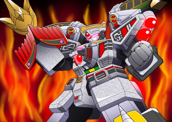 arm_blade character_request clenched_hand clenched_hands gosei_sentai_dairanger helios_(divisar) highres kibadaioh lion mecha mecha_focus mega_tigerzord mighty_morphin_power_rangers no_humans power_rangers red_visor robot solo standing super_robot super_sentai tokusatsu weapon white_tigerzord wrist_blades