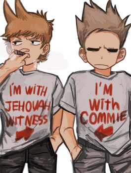 Rule 34 | 2boys, bad id, bad twitter id, black eyes, black pants, brown hair, cigar, clothes writing, commentary, cowboy shot, eddsworld, english text, flipped hair, frown, grey pants, hair behind ear, hair ears, hand in pocket, hashtag-only commentary, highres, holding, holding cigar, hollow eyes, i'm with stupid (meme), inactive account, jitome, looking at another, looking to the side, male focus, meme, multiple boys, pants, short hair, simple background, smoking, spiked hair, standing, straight-on, tom (eddsworld), tord (eddsworld), umino mino, white background