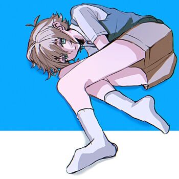 1boy antenna_hair basil_(faraway)_(omori) basil_(omori) blonde_hair blue_eyes brown_shorts chromatic_aberration closed_mouth collared_shirt double-parted_bangs green_sweater_vest hair_between_eyes looking_at_viewer male_focus natunoiro omori shirt short_hair shorts sidelocks socks solo sweater_vest white_shirt white_socks