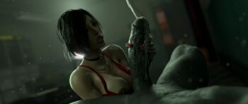 1boy 1girl ada_wong black_eyes black_hair blender_(medium) breasts cum handjob highres large_breasts mr_x nipples penis resident_evil resident_evil_2_remake short_hair stephanie23 uncensored