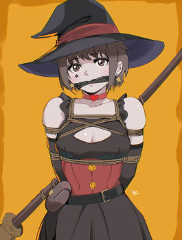 1girl arms_behind_back bare_shoulders belt black_dress bound bound_arms breast_bondage breasts broom brown_eyes brown_hair choker cleavage collarbone dress gag gagged hat highres looking_at_viewer medium_breasts original red_choker sharpffffff shibari shibari_over_clothes short_hair skindentation solo witch witch_hat