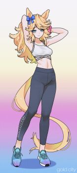 1girl absurdres animal_ears armpits arms_up black_leggings blonde_hair blue_bow blue_eyes blue_shoes bow breasts closed_mouth commentary ear_bow full_body gold_city_(umamusume) gradient_background highres horse_ears horse_girl horse_tail leggings long_hair looking_at_viewer medium_breasts navel no_socks pink_scrunchie sarcophage scrunchie shoes smile sneakers solo sports_bra standing tail umamusume white_sports_bra wrist_scrunchie yellow_tail