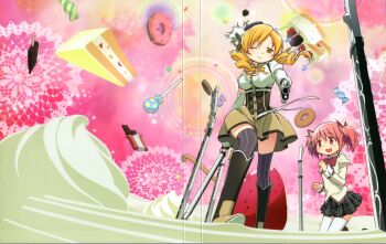 10s 2girls absurdres aiming beret blonde_hair boots brown_legwear cake candle candy chocolate chocolate_bar cookie corset cover cream crease detached_sleeves donut drill_hair dual_wielding dvd_cover food fruit gun hair_ornament hair_ribbon hairpin hat highres holding kaname_madoka kishida_takahiro knee_boots lollipop long_hair magical_girl magical_musket_(madoka_magica) mahou_shoujo_madoka_magica mahou_shoujo_madoka_magica_(anime) multiple_girls musket non-web_source official_art one_eye_closed pastry pink_hair pleated_skirt popsicle puffy_sleeves reference_work ribbon rifle scan school_uniform short_twintails skirt strawberry striped_clothes striped_legwear striped_thighhighs sweets thighhighs tomoe_mami tomoe_mami_(magical_girl) twin_drills twintails vertical-striped_clothes vertical-striped_legwear vertical-striped_thighhighs weapon whipped_cream wink yellow_eyes zettai_ryouiki