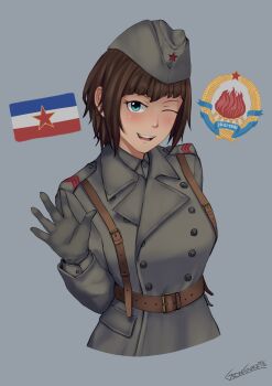1girl absurdres aqua_eyes artist_name belt blue_background brown_belt brown_hair coat cold_war collared_shirt commentary emblem english_commentary garrison_cap gloves green_coat green_gloves green_hat green_shirt grzegorz1996 hat highres military military_uniform one_eye_closed open_mouth original red_star shirt short_hair signature simple_background smile star_(symbol) suspenders trench_coat upper_body waving yugoslavia yugoslavian_army yugoslavian_flag