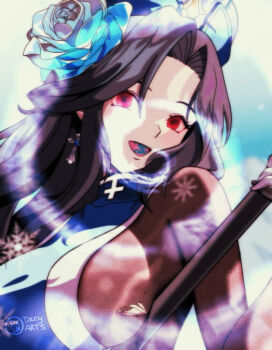 1girl artist_name black_hair blue_tabard bodystocking bodysuit breasts brown_bodysuit commentary covered_sideboob cross cross_earrings dkcyarts earrings english_commentary from_side gloves goddess_of_victory:_nikke ice_flower jewelry large_breasts long_hair looking_at_viewer maiden_(ice_rose)_(nikke) maiden_(nikke) official_alternate_costume red_eyes sideboob solo tabard tattoo tongue_tattoo torn_bodystocking torn_clothes upper_body white_gloves