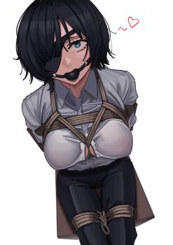1girl absurdres arms_behind_back ball_gag bdsm blouse bondage bound bound_ankles bound_arms bound_breasts bound_legs bound_torso breast_bondage chainsaw_man collared_shirt drooling eyepatch female_focus gag gagged harris_hero highres himeno_(chainsaw_man) partially_unbuttoned restrained saliva saliva_trail shibari shibari_over_clothes shirt short_hair solo unbuttoned white_shirt