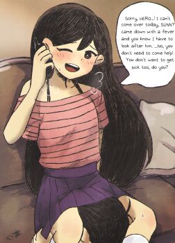 1boy 1girl :d absurdres age_difference antenna_hair bare_arms between_legs black_hair blush breath brother_and_sister cellphone cheating_(relationship) couch cunnilingus dot_nose english_text feet_out_of_frame hair_between_eyes head_under_skirt hetero highres holding holding_phone implied_cunnilingus incest indoors jaggy_lines knees kodomo_doushi kokomi_(aniesuakkaman) little_brother long_hair mari_(faraway)_(omori) mari_(omori) no_sclera official_style older_sister omori on_couch one_eye_closed onee-shota open_mouth oral phone pillow pink_t-shirt purple_skirt short_hair short_sleeves shota siblings single_bare_shoulder sitting skirt skirt_drape smile socks speech_bubble sunny_(omori) sweat tareme teenage_girl_and_younger_boy under_another's_clothes upper_body very_short_hair white_socks