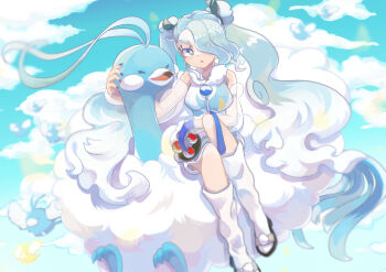 1girl absurdres altaria aqua_eyes aqua_hair bird blue_gloves blush breasts commentary_request detached_sleeves eyes_visible_through_hair flying_miku_(project_voltage) gen_3_pokemon gloves grey_gloves hair_ornament hair_over_one_eye hatsune_miku highres holding holding_poke_ball long_hair long_sleeves looking_at_viewer medium_breasts multicolored_gloves nintendo official_alternate_costume official_alternate_hairstyle open_mouth penguin102 poke_ball pokemon pokemon_(creature) project_voltage see-through_clothes see-through_sleeves shirt sleeveless sleeveless_shirt socks twintails two-tone_gloves very_long_hair vocaloid waist_poke_ball white_shirt white_socks
