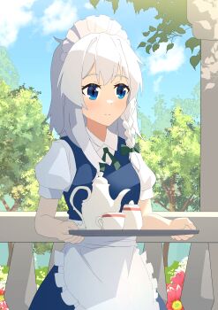 1girl absurdres apron blue_dress blue_eyes blue_sky blush bow braid chinese_commentary closed_mouth collared_shirt commentary_request cup day dress flower green_bow grey_hair hair_bow highres holding holding_tray izayoi_sakuya long_hair maid maid_headdress pinafore_dress pink_flower puffy_short_sleeves puffy_sleeves sdftehn shirt short_sleeves sky sleeveless sleeveless_dress smile solo teacup teapot touhou tray tree twin_braids waist_apron white_apron white_shirt