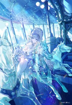 1girl blue_eyes blue_nails blunt_bangs bow carousel cloud crystal dress ferris_wheel frilled_dress frills fuzichoco highres long_hair long_sleeves looking_at_viewer original panties underwear wavy_hair white_bow white_dress white_hair white_panties