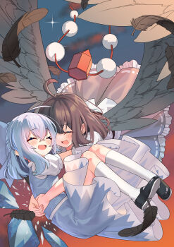 2girls :d absurdres ahoge black_shoes blue_dress blue_hair blush brown_hair cirno closed_eyes commentary_request dress feathered_wings feathers flying happy hat highres hug ice ice_wings kneehighs medium_hair midair multiple_girls open_mouth pom_pom_(clothes) puffy_short_sleeves puffy_sleeves shameimaru_aya shoes short_sleeves sky smile socks tokin_hat touhou white_socks wings wuzeiiezuw yuri