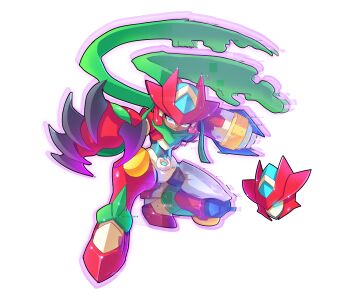 1girl absurdres android arm_cannon armor biometal blue_eyes bodysuit claws commission full_body green_scarf helmet highres mega_man_(series) mega_man_zx mighty_no._9 ray_(mighty_no._9) red_armor red_helmet redesign scarf simple_background squatting tagme ultimatemaverickx weapon white_background