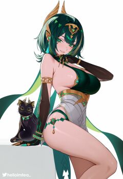 1girl armlet artist_name ashru_(genshin_impact) bare_shoulders black_gloves breasts cat commentary dress earpiece elbow_gloves english_commentary facial_mark fake_claws feet_out_of_frame genshin_impact gloves green_eyes green_hair hand_up headgear helloimtea highres jewelry large_breasts looking_at_viewer mark_under_eye medium_hair mole mole_under_eye nefer_(genshin_impact) paid_reward_available parted_lips patreon_username sideboob simple_background smile solo symbol-shaped_pupils thighs triangle-shaped_pupils white_background