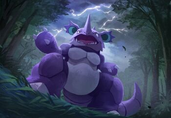 black_eyes claws cloud commentary_request electricity forest from_below gen_1_pokemon grass highres nature nidoking night nintendo no_humans open_mouth outdoors pokemon pokemon_(creature) sharp_teeth sky solo teeth tongue tree uninori