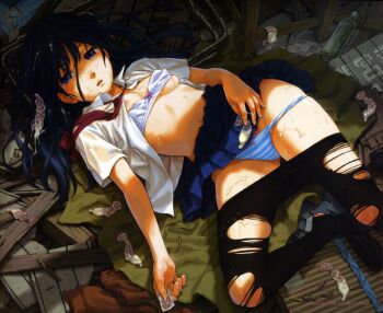 1girl after_rape aftersex artist_name black_footwear black_pantyhose blue_eyes blue_hair blue_skirt bow bow_bra bra bra_pull breast_slip breasts bukkake clothes_pull comic_kairakuten condom condom_wrapper cum cum_on_body cum_on_clothes cum_on_hair cum_on_upper_body cumdump dazed empty_eyes facial female_focus fucked_silly highres holding holding_condom legs lingerie long_hair long_legs looking_at_viewer loose_necktie lying matching_hair/eyes multiple_condoms naruko_hanaharu necktie nipples on_back one_breast_out open_clothes open_shirt panties panty_pull pantyhose parted_lips pleated_skirt red_necktie scan school_uniform shirt shoe_dangle short_sleeves skirt small_breasts solo striped_clothes striped_panties torn_clothes torn_pantyhose underboob underwear used_condom white_bra white_shirt