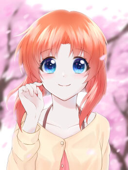 1girl blue_eyes cardigan cherry_blossoms collarbone commentary_request falling_petals hand_up highres higurashi_no_naku_koro_ni higurashi_no_naku_koro_ni_gou light_blush long_sleeves looking_at_viewer orange_hair partial_commentary petals ryuuguu_rena short_hair smile solo tokonso yellow_cardigan