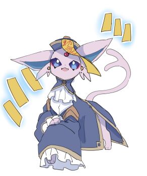animal_focus ayaka_488 bright_pupils china_dress chinese_clothes commentary_request dress espeon eyeshadow fang forehead_jewel forked_tail full_body gem gen_2_pokemon hat highres jiangshi_costume looking_at_viewer makeup nintendo no_humans ofuda ofuda_on_head open_mouth pink_eyeshadow pokemon pokemon_(creature) pokemon_focus purple_dress purple_eyes purple_fur qingdai_guanmao red_gemstone simple_background skin_fang solo standing tail talisman white_background white_pupils
