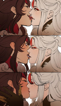 2girls beidou_(genshin_impact) black_gloves blush brown_hair closed_eyes commentary earrings english_commentary eyeshadow french_kiss genshin_impact gloves hand_on_another&#039;s_face highres jewelry kiss long_hair makeup multiple_girls nhlo ningguang_(genshin_impact) red_eyes red_eyeshadow stud_earrings tongue white_hair yuri