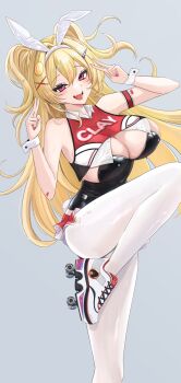 Rule 34 | 1girl, :d, absurdres, adapted costume, animal ear hairband, animal ears, arm strap, ass, bare shoulders, bay (nikke), black leotard, blonde hair, blush, breasts, clay (nikke), cleavage, clothes writing, collared shirt, commentary request, double v, earrings, fake animal ears, fake tail, fang, goddess of victory: nikke, grey background, hair between eyes, hair intakes, hair ornament, hairband, hairclip, hands up, highleg, highleg leotard, highres, jewelry, large breasts, leotard, long hair, looking at viewer, lower teeth only, open mouth, pantyhose, playboy bunny, rabbit ear hairband, rabbit ears, rabbit tail, red eyes, red shirt, red skirt, roller skates, shirt, shoes, sidelocks, simple background, skates, skin fang, skirt, smile, solo, standing, standing on one leg, strapless, strapless leotard, sunameri (pixiv3564245), tail, teeth, two side up, v, white pantyhose, white shirt, white shoes, white wrist cuffs, wrist cuffs, x hair ornament