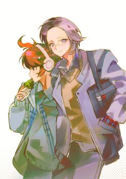 2boys absurdres ahoge alternate_costume aotsuki_eito bag bag_charm black_bag black_hair blue_eyes brown_sweater_vest character_charm charm_(object) chinese_commentary closed_mouth collared_shirt commentary_request eyelashes food forehead glasses grey_hair grey_jacket grey_pants grey_shirt grey_sweater hair_ornament hairclip hand_in_pocket headphones highres holding holding_food holding_ice_cream holding_ice_cream_cone ice_cream ice_cream_cone jacket licking male_focus multicolored_hair multiple_boys open_clothes open_jacket pants rectangular_eyewear red_hair school_bag shirt short_hair shui_ji_xing simple_background streaked_hair sumino_takumi sweater sweater_vest the_hundred_line_-last_defense_academy- tongue tongue_out two-tone_hair white_background