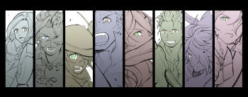 4boys 4girls absurdres aiming aiming_at_viewer alfyn_greengrass arrow_(projectile) ascot axe black_border blue_eyes border bow_(weapon) bright_pupils brown_eyes commentary_request covering_own_mouth cyrus_albright everyone green_eyes h'aanit_(octopath_traveler) hair_over_one_eye hat highres holding holding_axe knife limited_palette long_hair looking_at_viewer looking_to_the_side multiple_boys multiple_girls octopath_traveler octopath_traveler_i olberic_eisenberg one_eye_covered open_mouth ophilia_clement parted_hair primrose_azelhart short_hair staff therion_(octopath_traveler) tressa_(octopath_traveler) tressa_colzione upper_body weapon white_pupils yellow_eyes yomogimo_chi