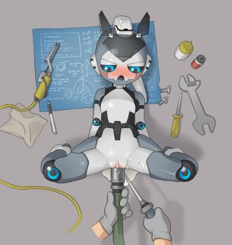 Rule 34 | 1boy, 1girl, black sclera, blue eyes, blush, colored sclera, cum, cum pool, from above, full body, gloves, hetero, joints, looking down, lying, object insertion, on back, open mouth, original, pen, pussy, pussy juice, robot, robot girl, robot joints, screw, screwdriver, soldering iron, solo focus, spread legs, thighs, tosx, vaginal, vaginal object insertion, wire, wrench
