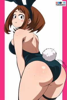 1girl animal_ear_hairband animal_ears artist_name ass bluesky_logo boku_no_hero_academia breasts brown_eyes brown_hair closed_mouth fake_animal_ears fake_tail grey_leotard hairband highleg highleg_leotard large_breasts leotard looking_at_viewer looking_back patreon_logo pixiv_logo playboy_bunny pout rabbit_ear_hairband rabbit_ears rabbit_tail solo tail thigh_strap tsuranukko twitter_x_logo uraraka_ochako