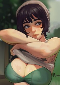 1girl absurdres beanie black_hair blurry blurry_background bra breasts cleavage clothes_lift commentary english_commentary green_bra grey_hat hat highres lifting_own_clothes lips looking_to_the_side may_(midnight_corvo) midnight_corvo original purple_eyes shirt_lift short_hair signature skindentation solo thick_eyebrows underwear undressing upper_body wet