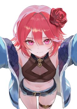 1girl absurdres armpits arms_up bare_shoulders belt black_belt black_choker blue_jacket blue_shorts blush breasts choker closed_mouth commentary_request cowboy_shot crop_top flower from_above hair_between_eyes hair_flower hair_ornament highres jacket looking_at_viewer medium_hair micro_shorts navel nbee_ya open_clothes open_jacket original pink_eyes red_flower red_hair see-through_cleavage see-through_clothes shorts sidelocks simple_background small_breasts solo stomach sweatdrop thigh_strap white_background