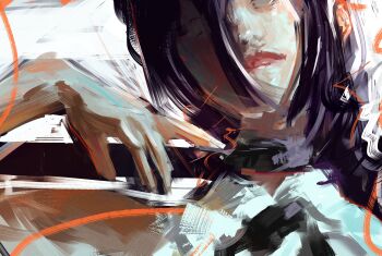 1girl black_choker black_ribbon chainsaw_man choker closed_mouth grenade_pin hair_between_eyes highres neck_ribbon purple_hair reze_(chainsaw_man) ribbon shirt sleeveless sleeveless_shirt solo vicfaust white_shirt