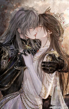 1boy 1girl absurdres armor black_gloves black_sleeves brown_hair chengzichiduolehuishanghuoma closed_eyes couple crown dress earrings elbow_gloves from_side gloves grey_hair hair_between_eyes hair_ornament hair_over_shoulder hand_on_another&#039;s_shoulder hetero highres holding_hands hug interlocked_fingers jewelry kiss long_hair love_and_deepspace necklace pauldrons pearl_necklace profile protagonist_(love_and_deepspace) shoulder_armor strapless strapless_dress upper_body watermark weibo_watermark white_dress white_gloves xavier_(love_and_deepspace)