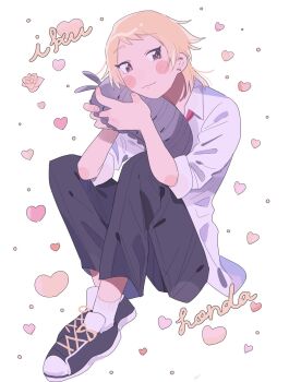 1boy :3 ankle_socks black_pants black_shoes blonde_hair blush_stickers brown_eyes character_name collared_shirt dress_pants earrings elbow_blush full_body hands_up heart highres holding holding_stuffed_toy honda_iku isopod jewelry knees_up looking_to_the_side loving_aura male_focus medium_hair mullet necktie pants raised_eyebrows red_necktie school_uniform shirt shoes simple_background sitting sketchi sleeves_rolled_up smile sneakers socks solo stud_earrings stuffed_animal stuffed_toy tokimeki_memorial tokimeki_memorial_girl&#039;s_side tokimeki_memorial_girl&#039;s_side_4th_heart white_background white_shirt white_socks