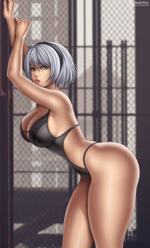 1girl 2b_(nier:automata) absurdres blue_eyes breasts curvy female_focus flowerxl higher_resolution_available highres large_breasts looking_at_viewer nier nier:automata nier_(series) on_wall one-piece_swimsuit short_hair solo swimsuit thighhighs tiara