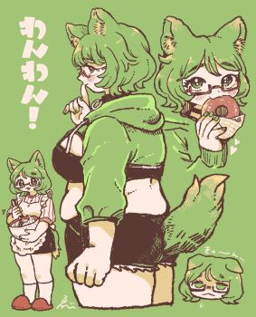 Rule 34 | 1girl, animal ear fluff, animal ears, breasts, commentary request, commission, cropped hoodie, dog girl, donut, drawstring, eating, ebiebi, food, full body, green background, green eyes, green hair, green nails, green theme, highres, hood, hoodie, indie virtual youtuber, kneehighs, large breasts, long sleeves, looking at viewer, looking to the side, medium hair, midriff, mint castella, mint castella (1st costume), multiple views, open mouth, plump, red-framed eyewear, semi-rimless eyewear, simple background, skeb commission, socks, standing, tail, thick thighs, thighs, translation request, under-rim eyewear, virtual youtuber