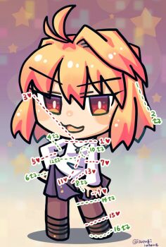 1girl ahoge arcueid_brunestud blonde_hair blue_skirt blush_stickers boots brown_boots chibi chibi_only commentary_request hair_intakes hand_on_own_hip isurugiratone jewelry looking_at_viewer meme miniskirt necklace pantyhose red_eyes scene_reference short_hair skirt smile tsukihime tsukihime_(remake) twitter_cutting_game