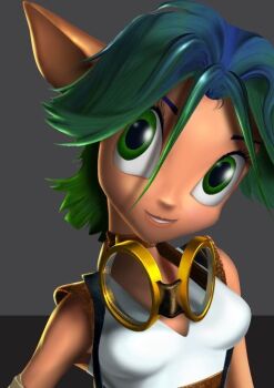1girl 3d breasts cleavage female_focus goggles goggles_around_neck green_eyes green_hair jak_and_daxter keira_hagai long_ears naughty_dog smile solo