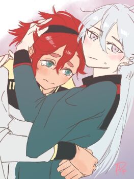 Rule 34 | 2girls, arms around waist, asticassia school uniform, black hairband, blush, commentary, green eyes, green jacket, grey eyes, grey hair, gundam, gundam suisei no majo, hairband, hand in another's hair, hand on another's head, hug, jacket, long hair, miorine rembran, multiple girls, red hair, school uniform, suletta mercury, surfacedxxc, tears, white jacket, yuri