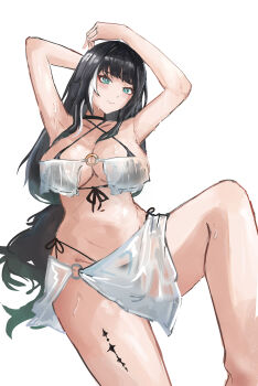 absurdres armpits arms_up baizhi_(wuthering_waves) commentary green_eyes highres multicolored_hair saltyz swimsuit tacet_mark_(wuthering_waves) wet wuthering_waves