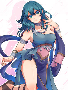 1girl ancient_greek_clothes armlet blue_eyes blue_hair blush breasts choker_jewel cleavage collarbone dancer dancer_(fire_emblem:_three_houses) detached_collar dress female_byleth_(fire_emblem) fire_emblem fire_emblem:_three_houses gem gladiator_sandals greco-roman_clothes hair_between_eyes highres jewelry large_breasts long_hair looking_at_viewer nintendo parted_lips pelvic_curtain sandals single-shoulder_dress single_strap smile solo symbol_in_eye thighs yaizaberry