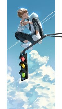 1boy absurdres black_necktie blue_sky bread bread_slice brown_eyes brown_hair chainsaw_man chamuring collared_shirt commentary_request denji_(chainsaw_man) food full_body highres holding_bread korean_commentary male_focus necktie outdoors pillarboxed sharp_teeth shirt shoes short_hair sky solo squatting teeth traffic_light white_shirt white_shoes