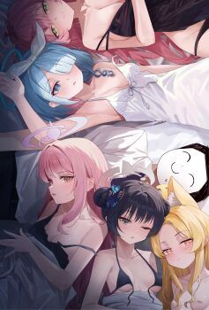 1boy 5girls absurdres animal_ear_fluff animal_ears armpits arona_(blue_archive) bandaid bandaids_on_nipples bikini black_bikini blonde_hair blue_archive blue_eyes blue_hair blunt_bangs blush bow_hairband breasts closed_mouth commentary_request doodle_sensei_(blue_archive) double_bun forehead fox_ears fox_girl green_eyes grey_eyes grey_halo hair_bun hair_over_one_eye hairband halo hanako_(blue_archive) highres kisaki_(blue_archive) large_breasts manjie mika_(blue_archive) multiple_girls nightgown nude open_mouth pasties pink_hair seia_(blue_archive) sensei_(blue_archive) shirt short_hair small_breasts smile swimsuit under_covers white_hairband white_nightgown white_shirt yellow_eyes