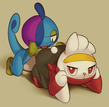 afterimage ahoge all_fours animal_hands animal_nose ass_smack black_fur blue_hair body_fur bright_pupils brown_background covered_mouth drizzile full_body gen_8_pokemon hair_over_one_eye half-closed_eyes hands_up happy inkune kneeling looking_at_another looking_back looking_down motion_lines multicolored_hair nintendo one_eye_covered open_mouth pokemon pokemon_(creature) purple_hair rabbit_ears rabbit_tail raboot red_eyes short_hair simple_background smile two-tone_fur two-tone_hair white_fur white_hair white_pupils