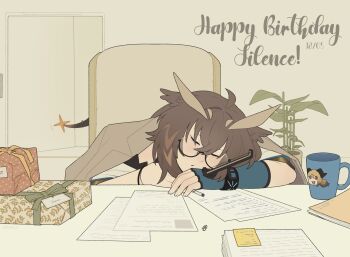 2girls ahoge arkiwi arknights bamboo blue_gloves box brown_hair character_print clothes_blanket commentary_request cup dated english_text feather_hair fingerless_gloves fingernails gift gift_box glasses gloves happy_birthday highres holding holding_pen ifrit_(arknights) long_hair mixed-language_commentary mug multiple_girls owl_ears owl_girl paper_stack paperclip paperwork pen plant potted_plant saria_(arknights) semi-rimless_eyewear silence_(arknights) silence_the_paradigmatic_(arknights) single_glove sleeping sleeping_on_desk solo_focus under-rim_eyewear