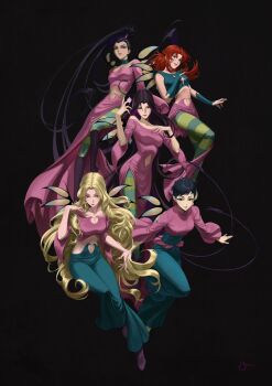 Rule 34 | 5girls, artnikita, black background, blonde hair, boots, cassidy (w.i.t.c.h.), choker, commentary, fairy wings, full body, halinor (w.i.t.c.h), highres, kadma (w.i.t.c.h), long hair, long sleeves, magical girl, multiple girls, navel, nerissa (w.i.t.c.h.), pants, pantyhose, ponytail, red hair, short hair, signature, simple background, sleeveless, striped clothes, striped pantyhose, w.i.t.c.h., wide sleeves, wings, yan lin